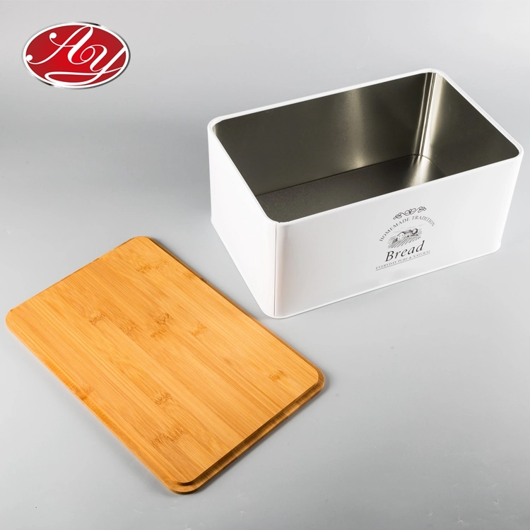 Wood Lid Domestic Kitchen Baking Bakery Rectangle Bread Metal Large Tin Box